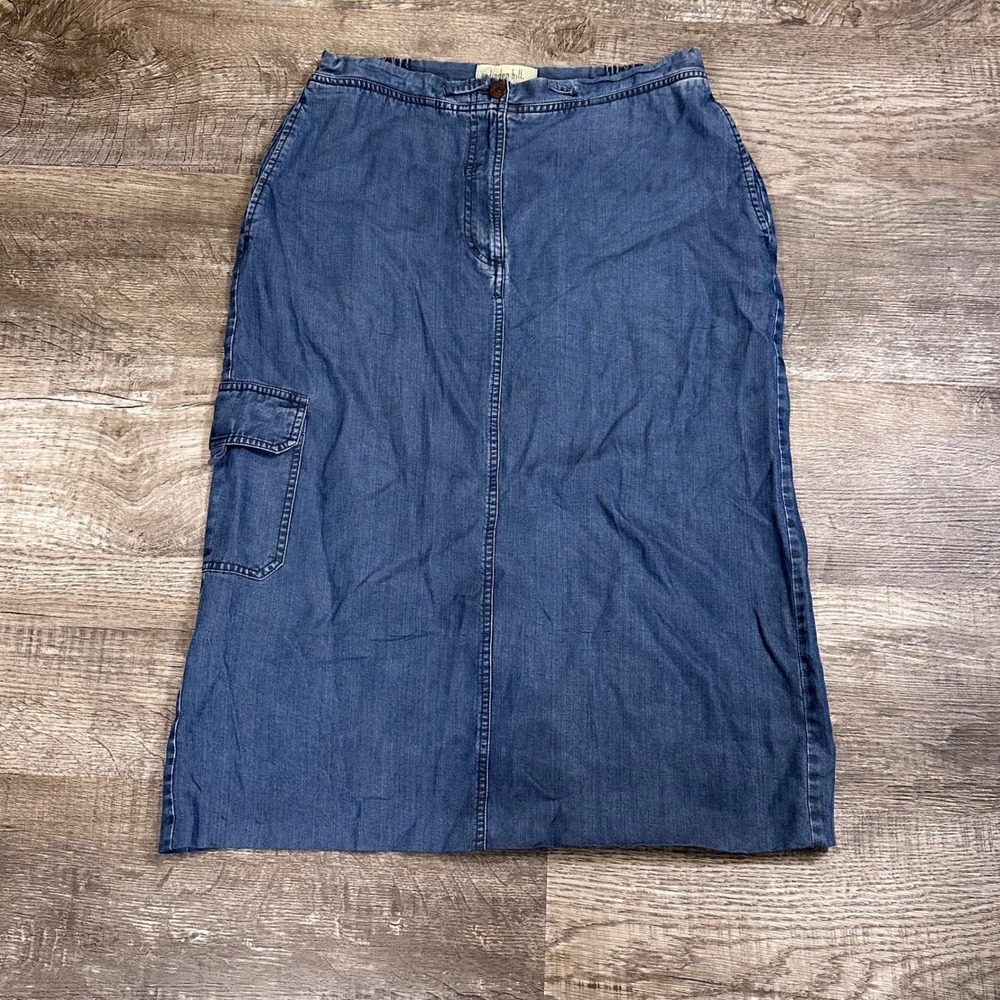Linden Hill Blue Tencel Cargo Midi Skirt Elastic Back Utility Denim Look Medium